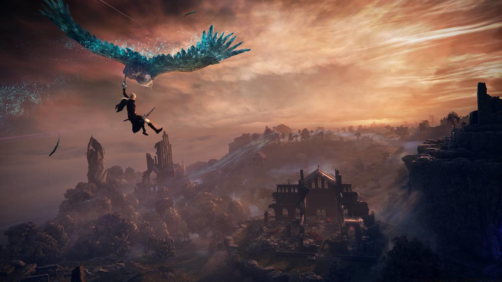 A lone Duchess rides on a spirit hawk toward Limveld in a screenshot from Elden Ring Nightreign