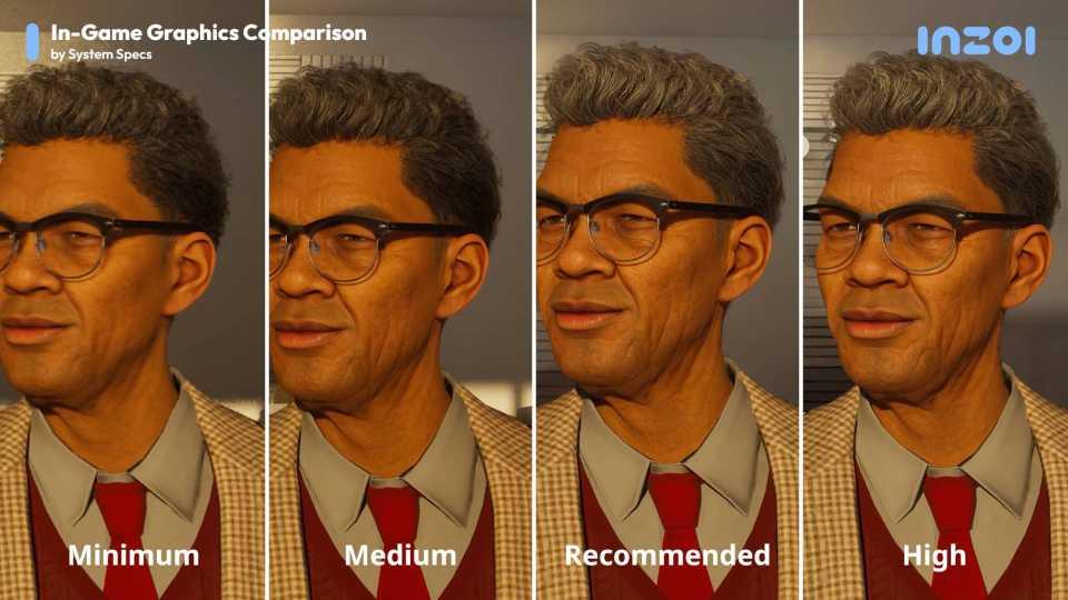 A close up of a man wearing glasses at four different quality tiers in inZoi.