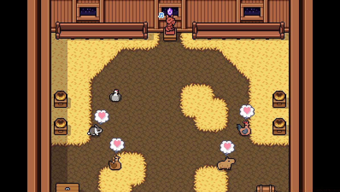 Some chickens and rabbits with hearts above their heads in a coop in Fields of Mistria