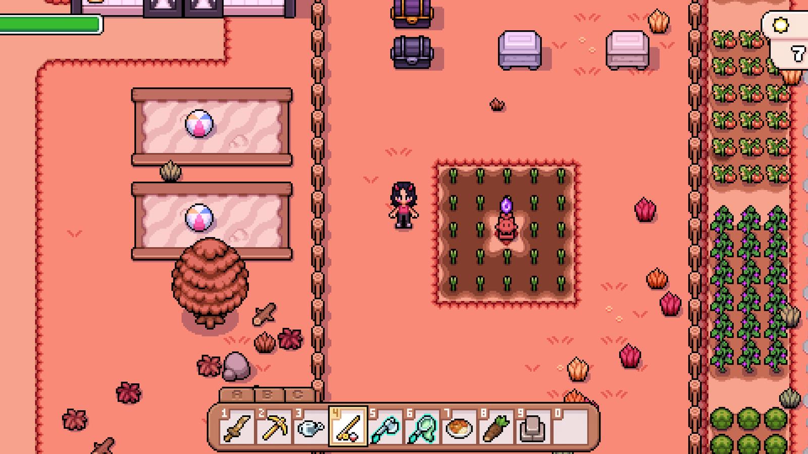 A farmer standing next to a patch of crops watered by a statue