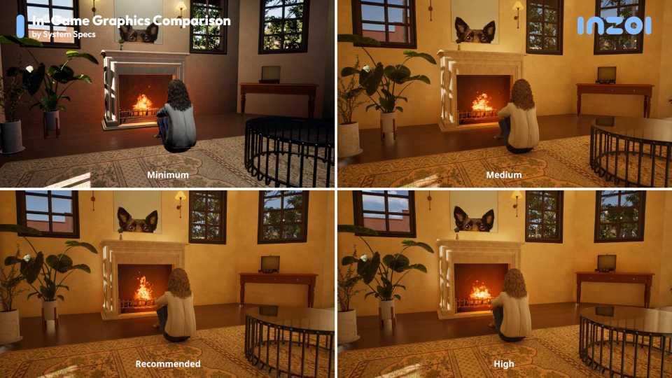 A Zoi sitting in front of a fire place shown at four different quality settings in InZoi.