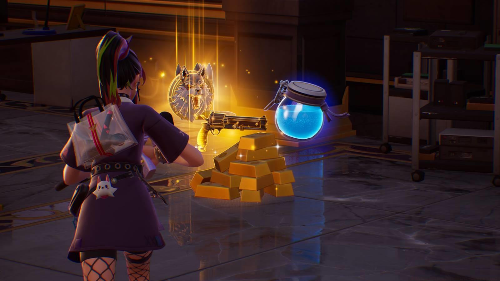 Helsie approaches a shining medallion with a wolf head in Fortnite.