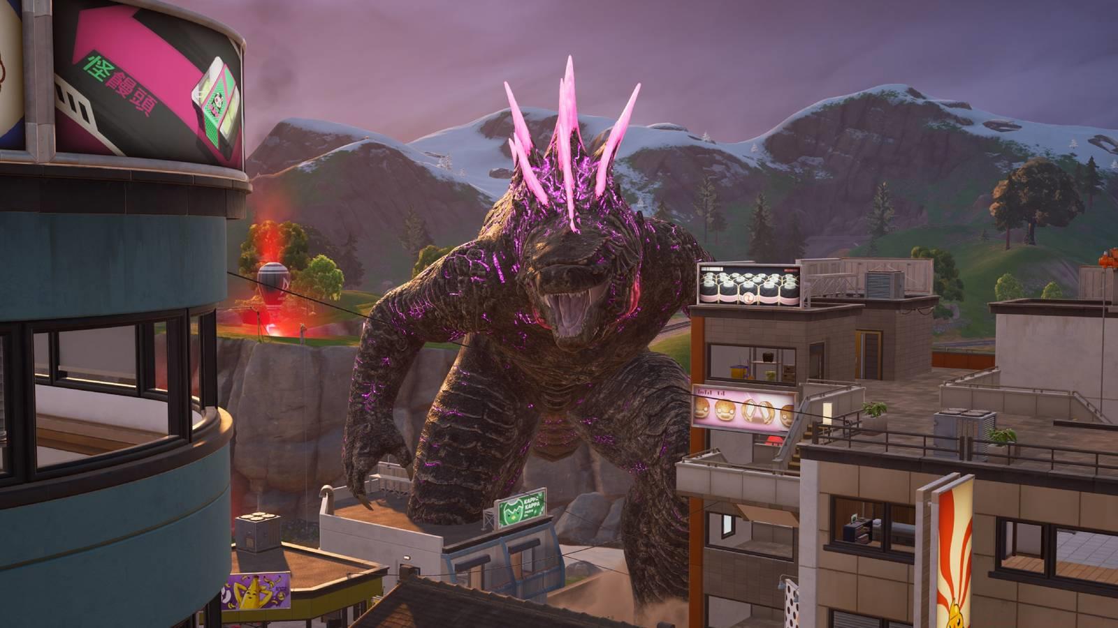 Godzilla, with pinkish-purple glowing spikes, roaring with its mouth ajar near a city in Fortnite.