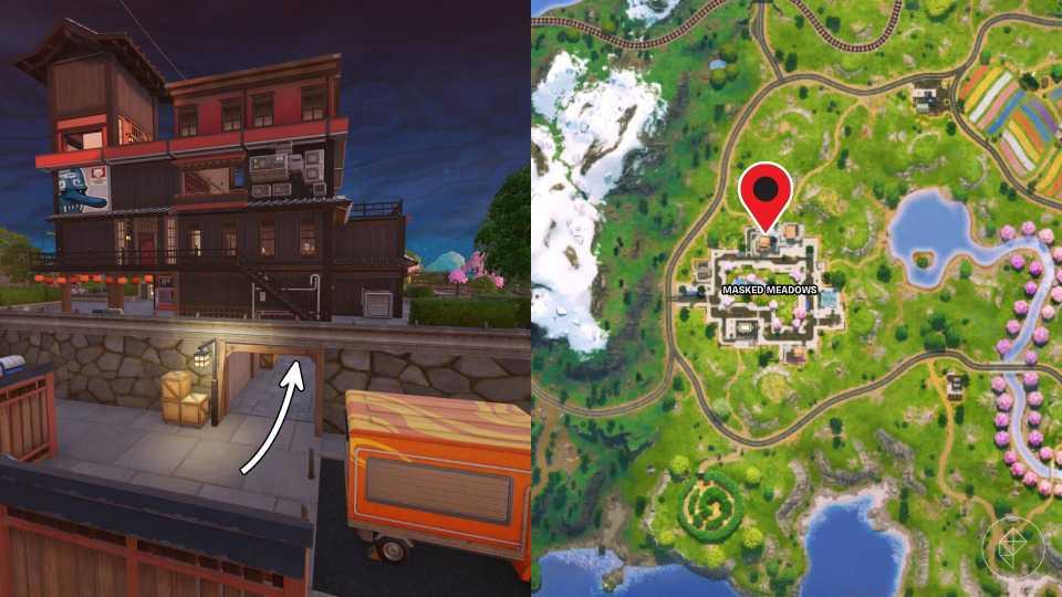 Pathway to enter the hideout in Masked Meadows in Fortnite.