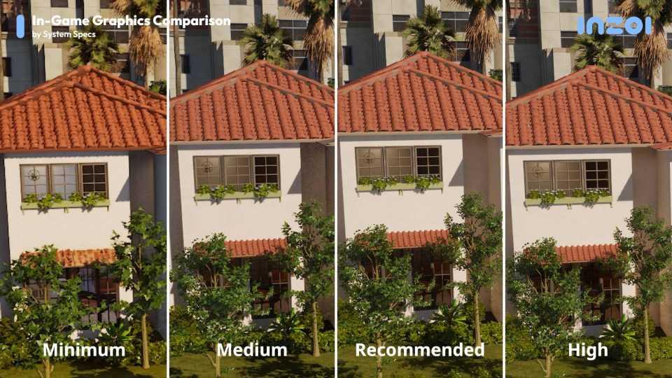 A house from inZOI shown at four different quality settings.