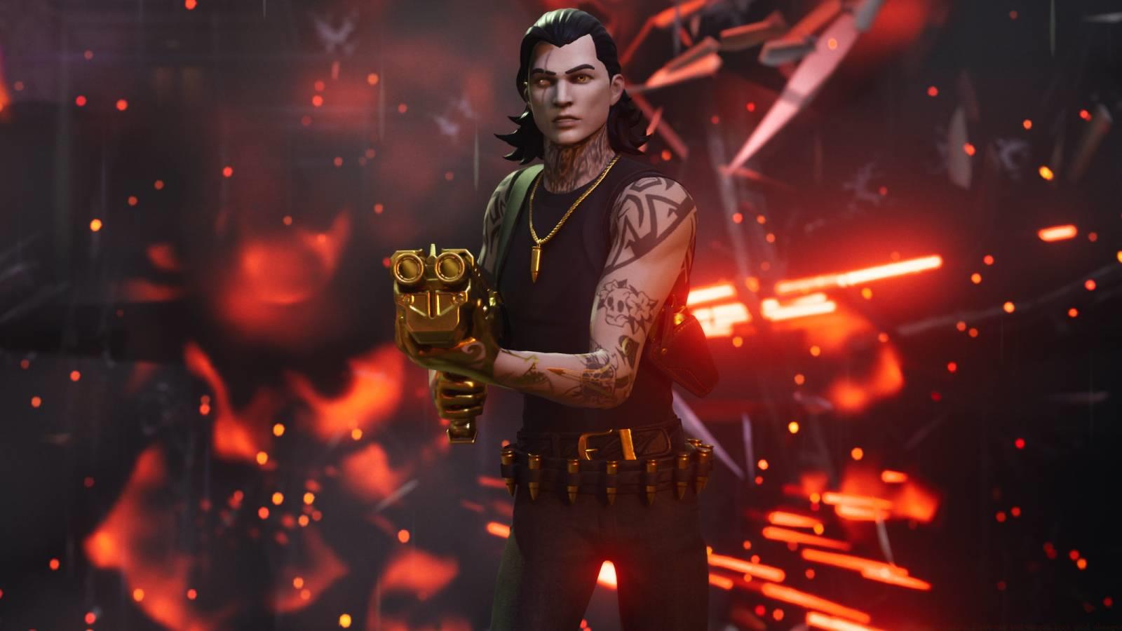 Midas from Fortnite holding a golden shotgun.