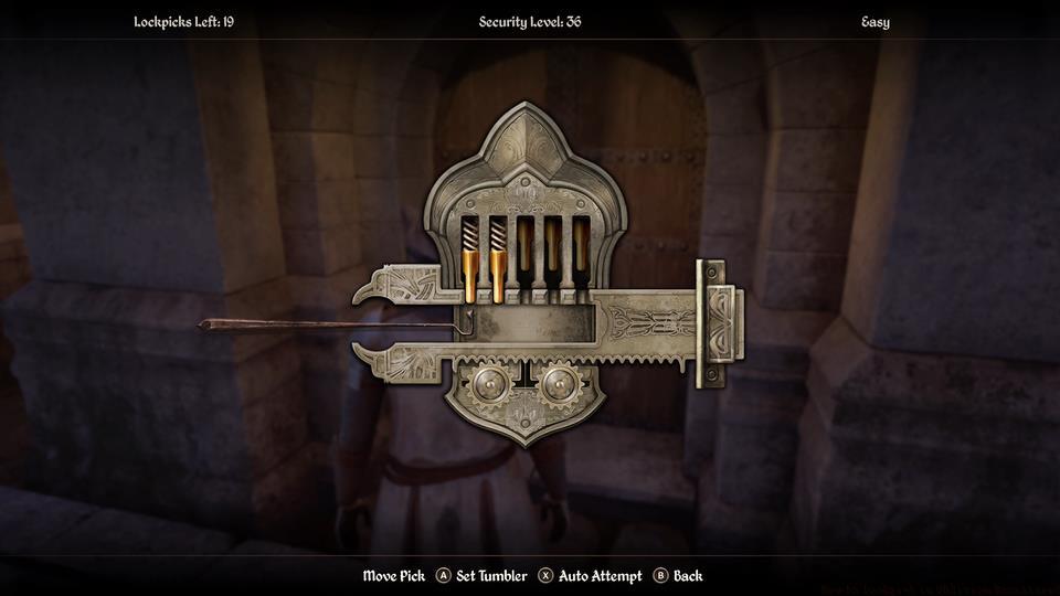 An image of the lockpicking minigame in Elder Scrolls 4: Oblivion. There are three set tumblers.