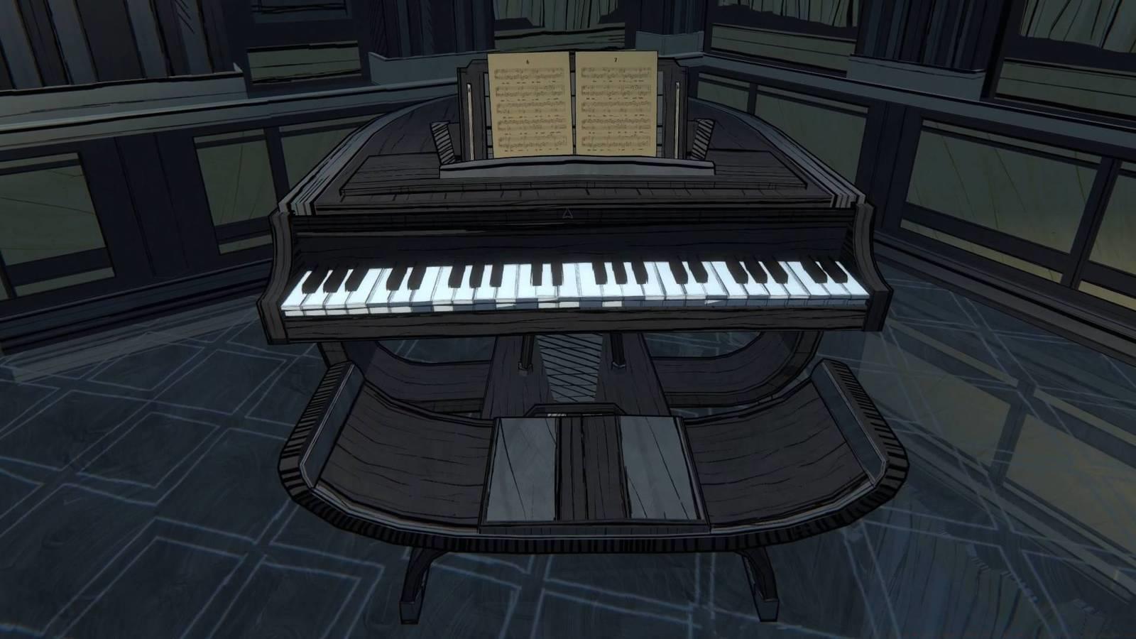 A grand piano found in the ballroom of Blue Prince.