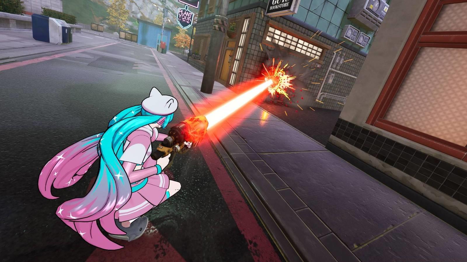 Hatsune Miku charging her laser and shooting it at a wall in Fortnite.