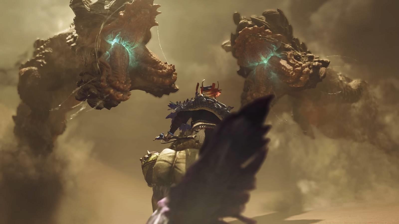 The hunter riding their mount into two giant sand worms in Monster Hunter Wilds.