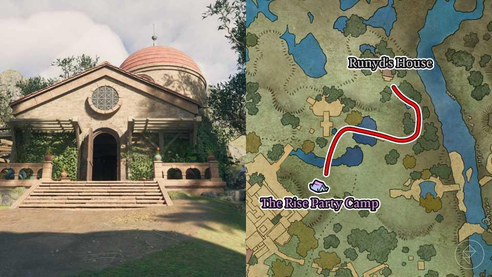 Location of Runyd's House and the route to reach it marked on the map of Dawnshore in Avowed.