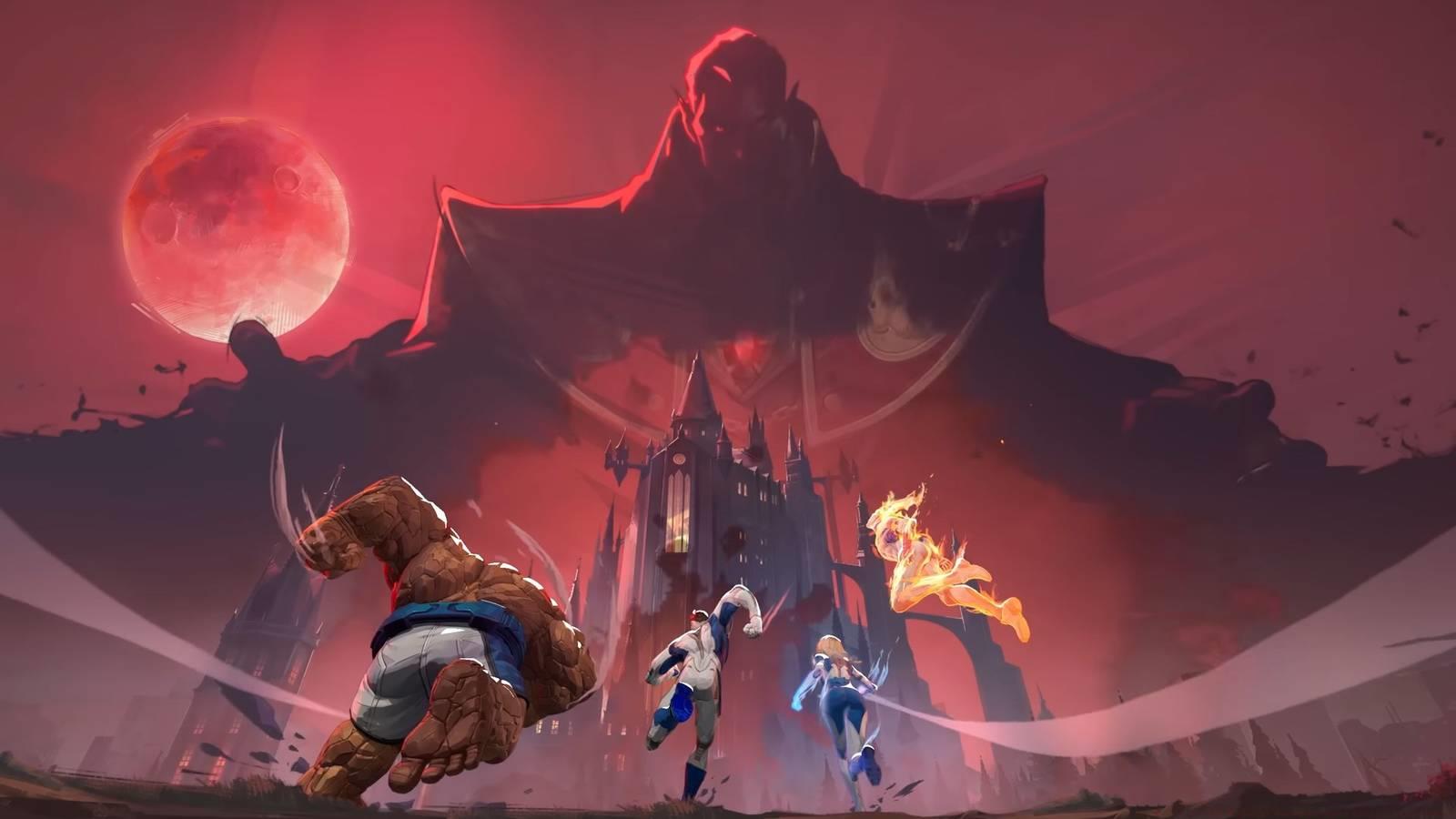 The Fantastic Four (The Thing, Mr. Fantastic, Invisible Woman, and The Human Torch) running towards Dracula's castle with a huge Dracula looming over it in Marvel Rivals.