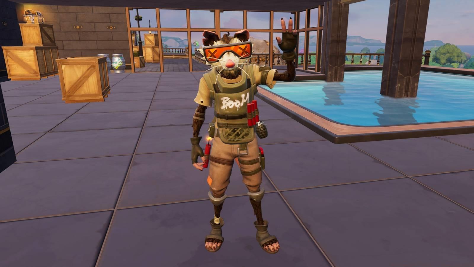 Skillet, a humanoid possum wearing body armor and goggles, waving to the player in Fortnite.