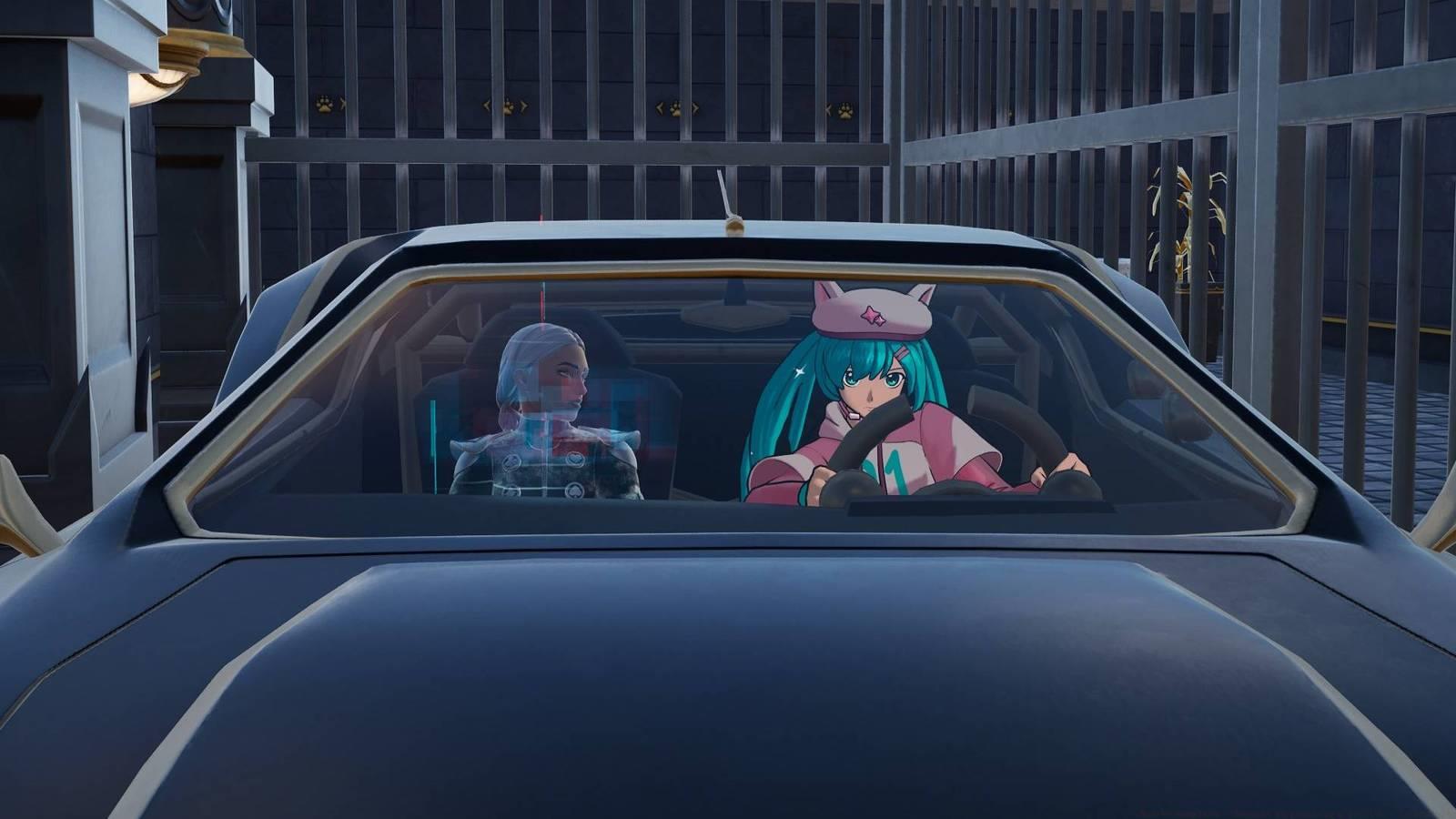 Hatsune Miku and Cassidy Quinn sitting in a car in Fortnite.