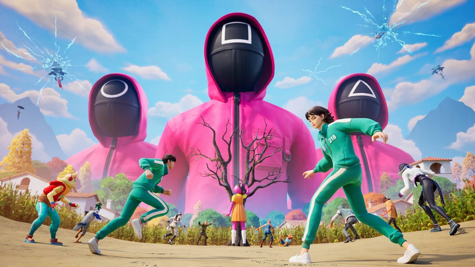 The large masked guards wearing a pink track suit along with smaller people wearing green track suits heading towards a tree in Fortnite.