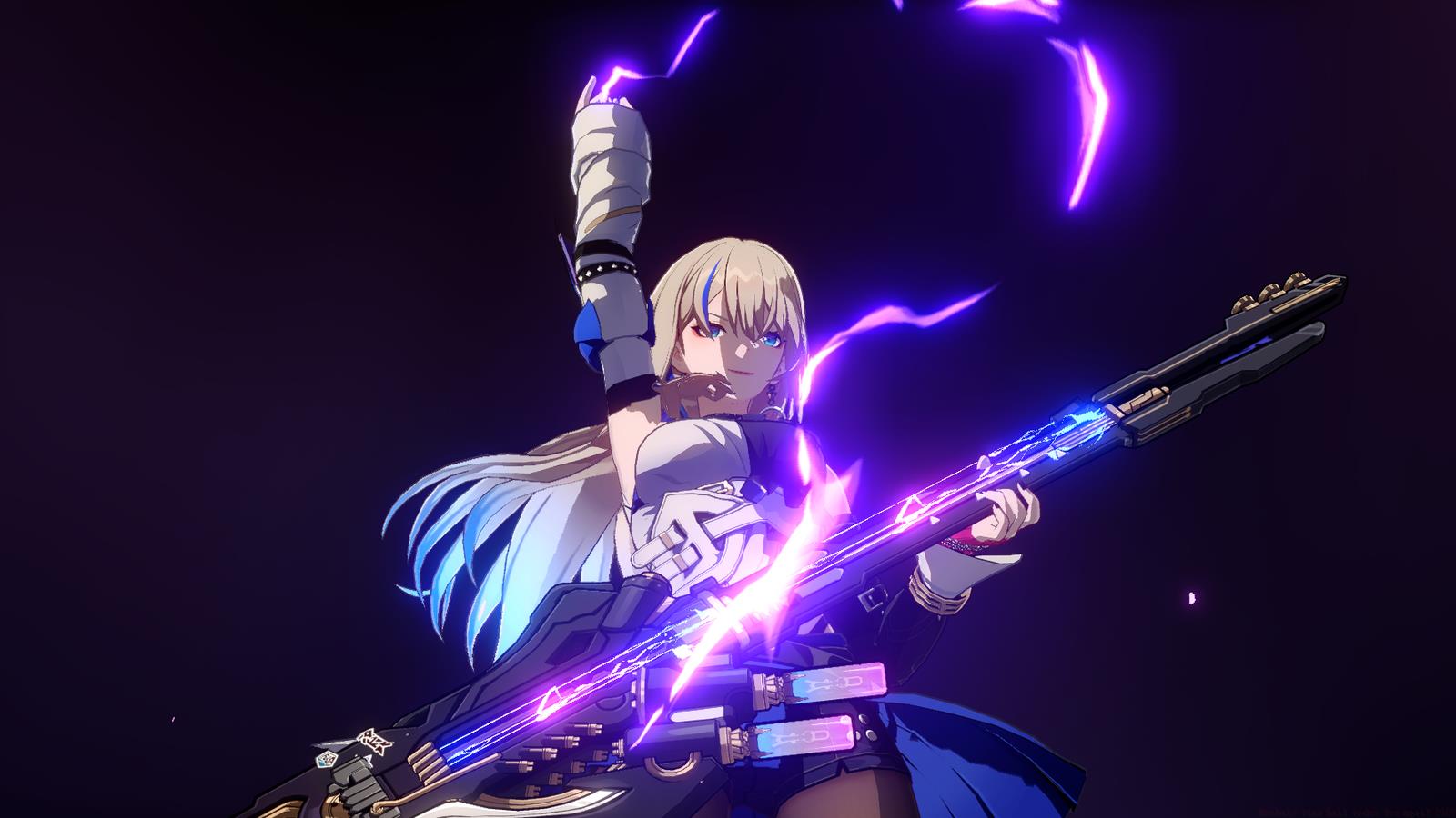 Serval from Honkai: Star Rail strums her electric guitar, summoning purple electricity