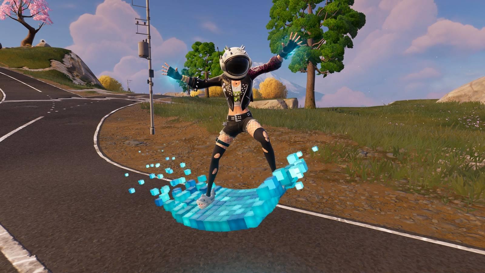 A girl in a leather jacket and astronaut helmet riding a water hoverboard in Fortnite.