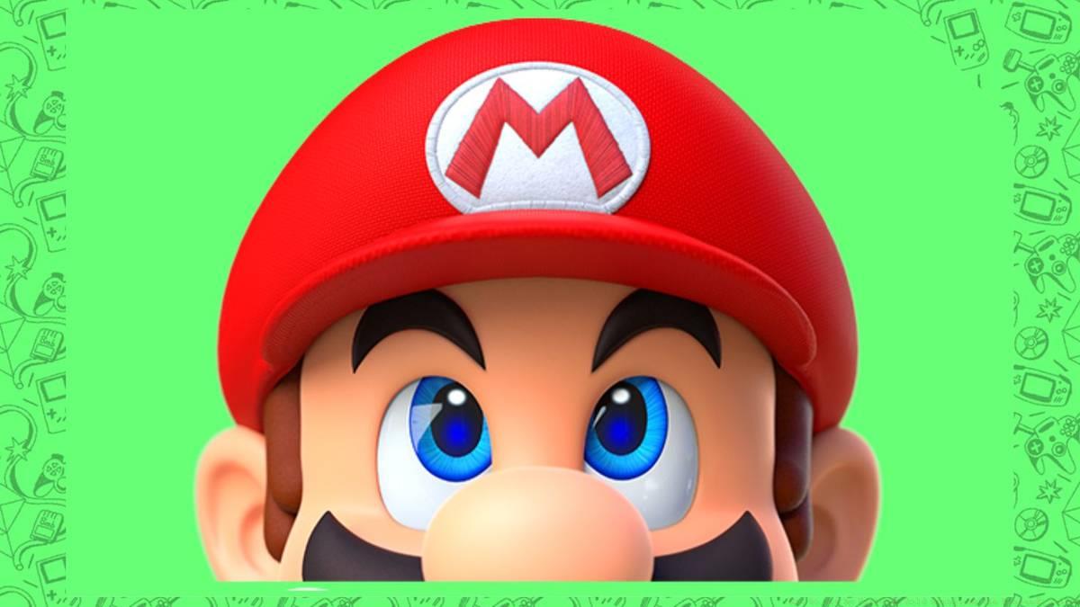 A graphic that layers an image of Mario looking up over a a green background.