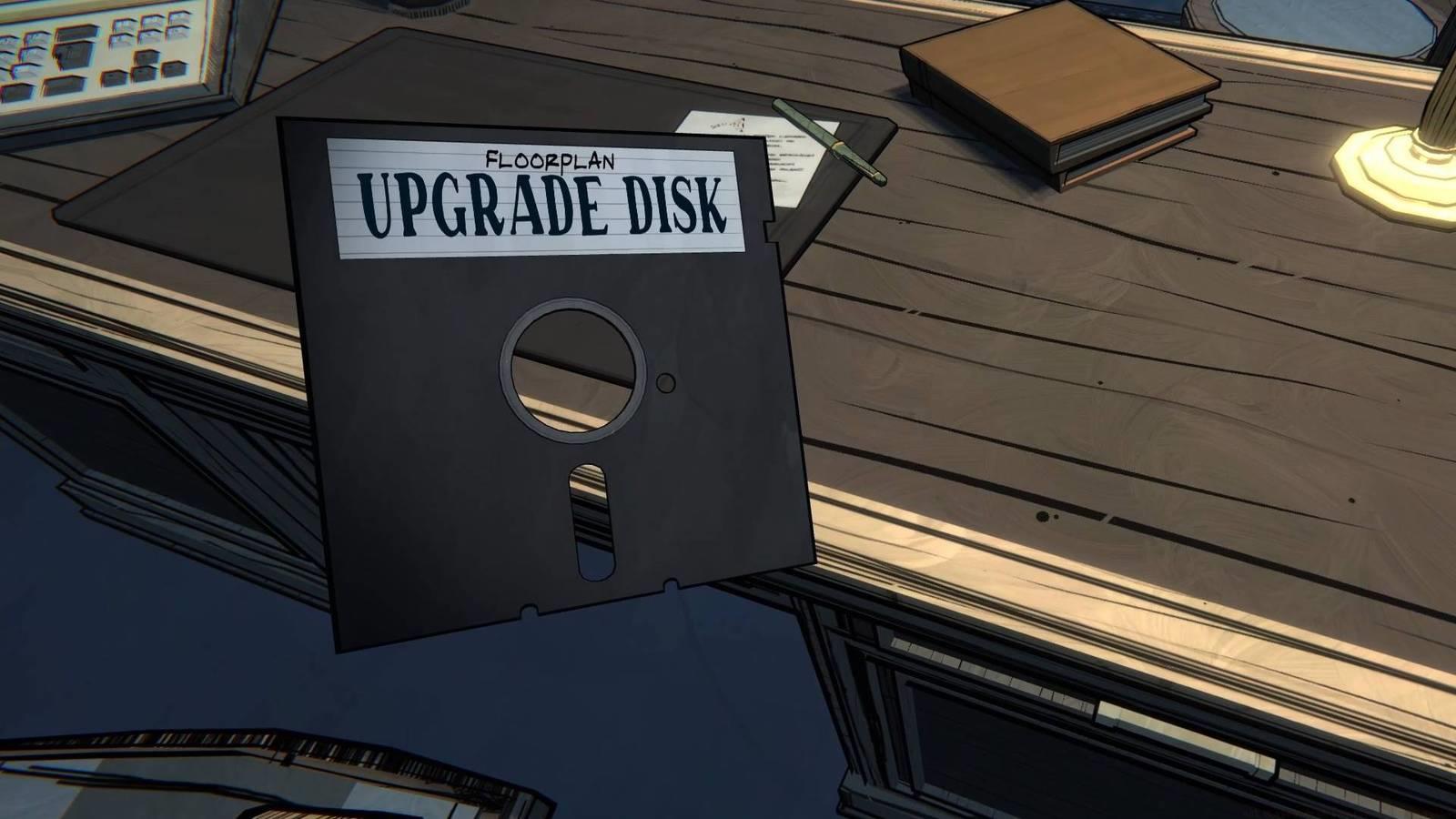 A floor plan upgrade floppy disk from Blue Prince.