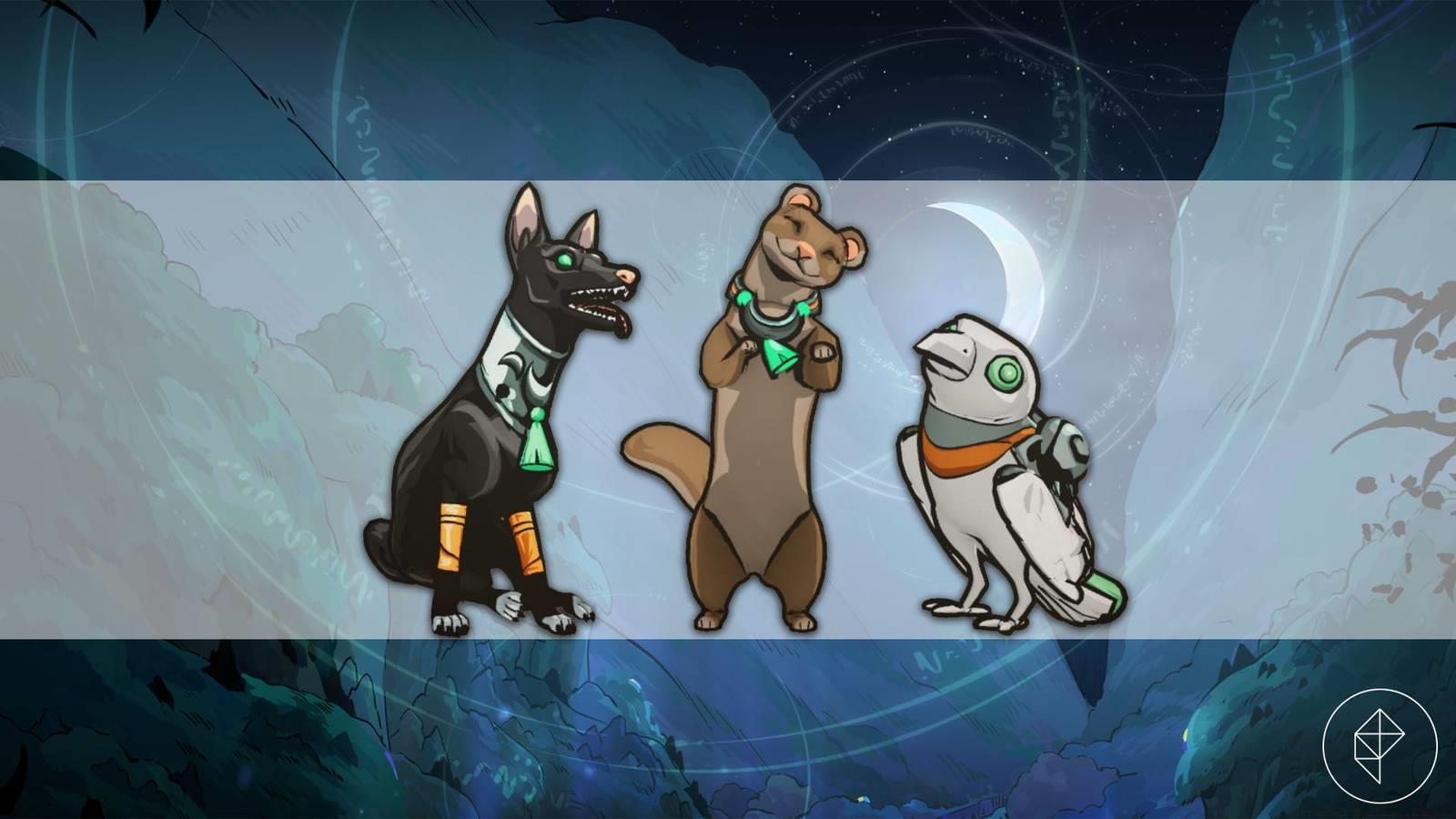 Hecuba the Hound, Gale the Polecat, and Raki the Raven from Hades 2.