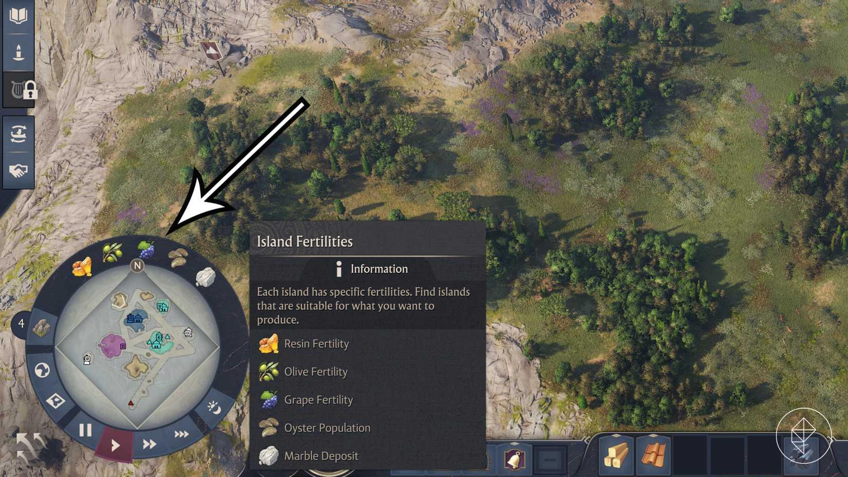 An arrow pointing to island fertilities in Anno 117: Pax Romana.