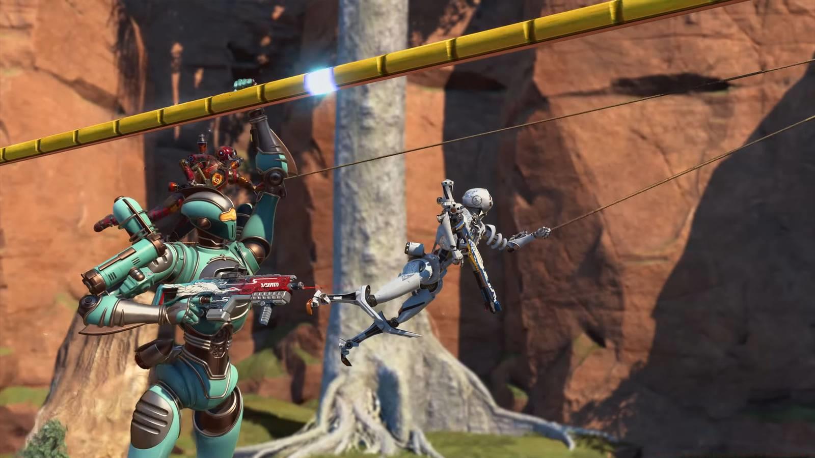 Three Pathfinders, robots from Apex Legends, ziplining and grappling away.