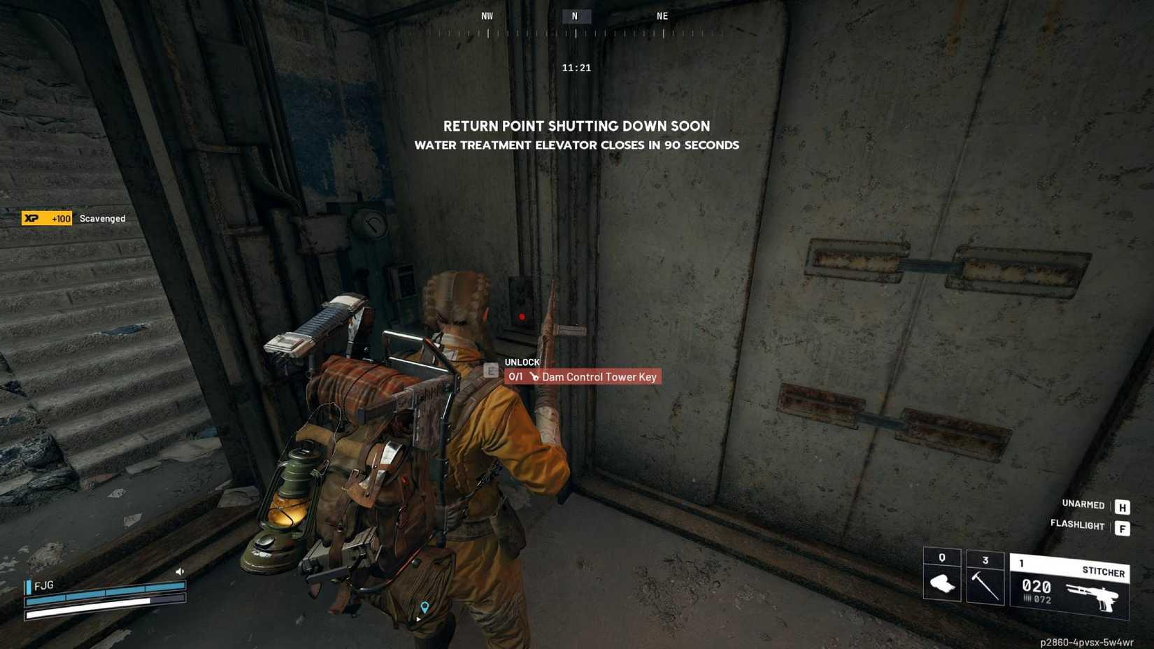 The player in Arc Raiders looking at a locked door in the Dam Control Tower, with the warning that a return point shuts down soon overlaid on the screen.