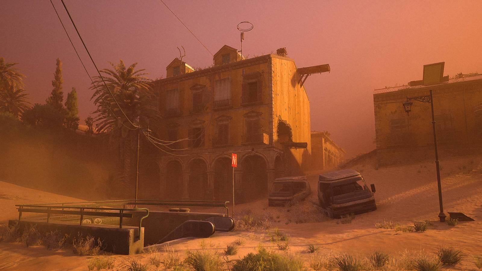 Buried City in Arc Raiders covered in sand, with some abandoned vehicles and a metro station entrance.