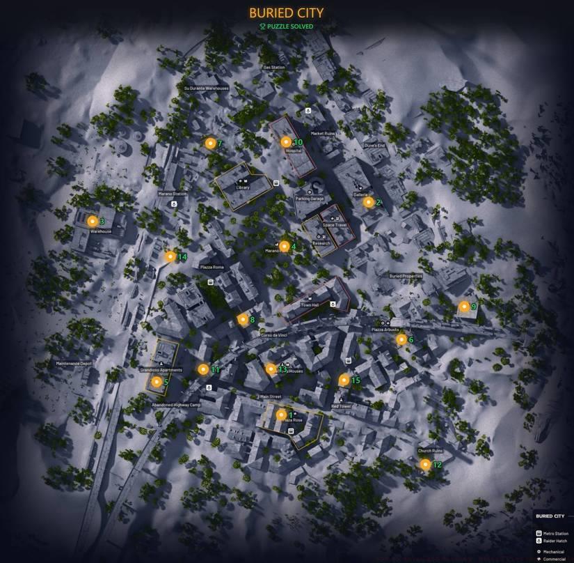 The Buried City map with gold markers on each of the buttons you need to press.