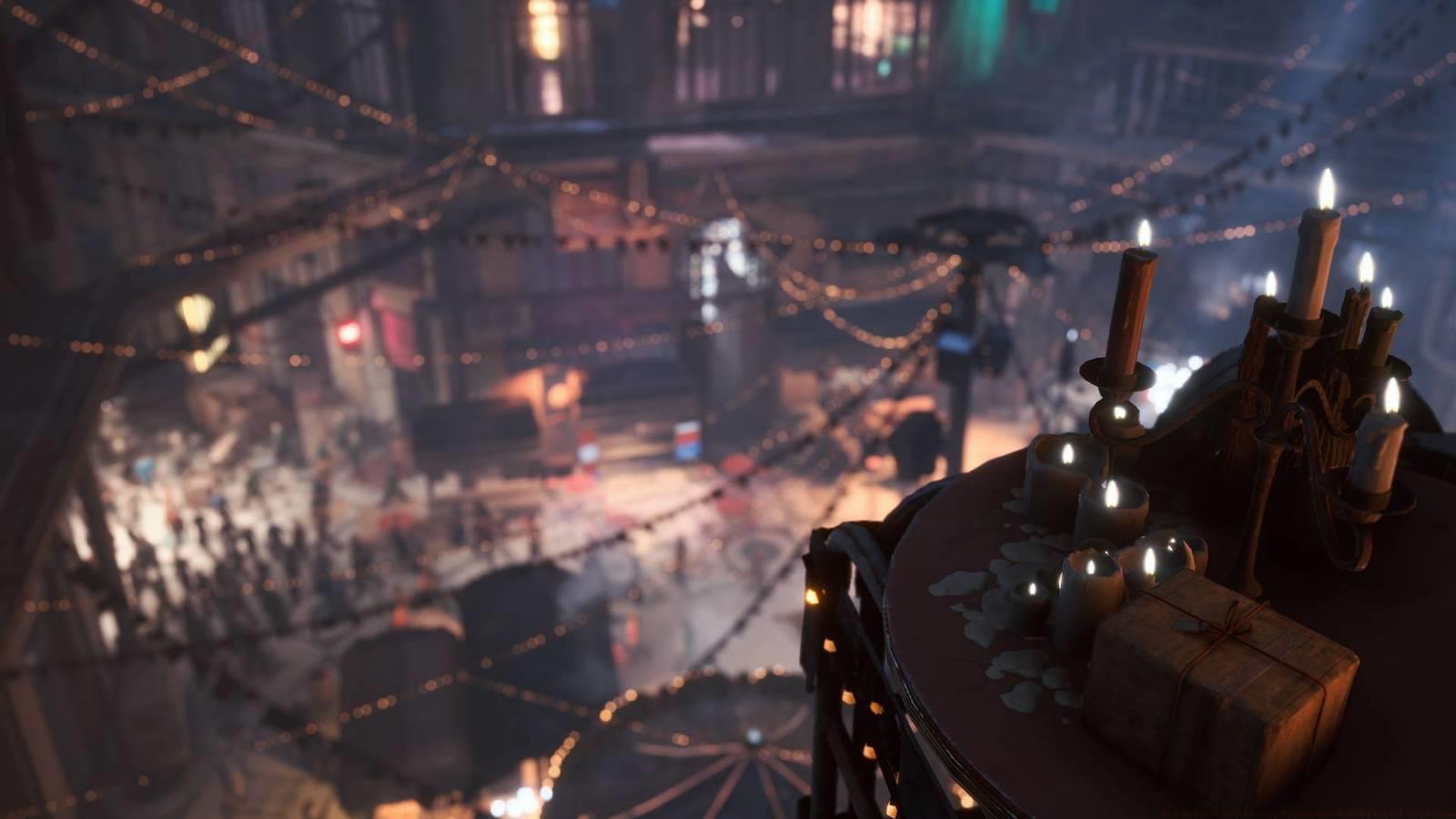 Speranza in Arc Raiders decorated for Christmas with candles and fairy lights.