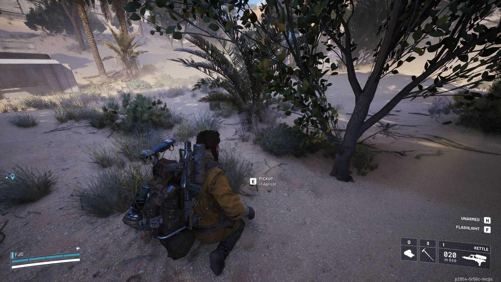 A player in Arc Raiders crouching next to an apricot on the floor on the Buried City map.