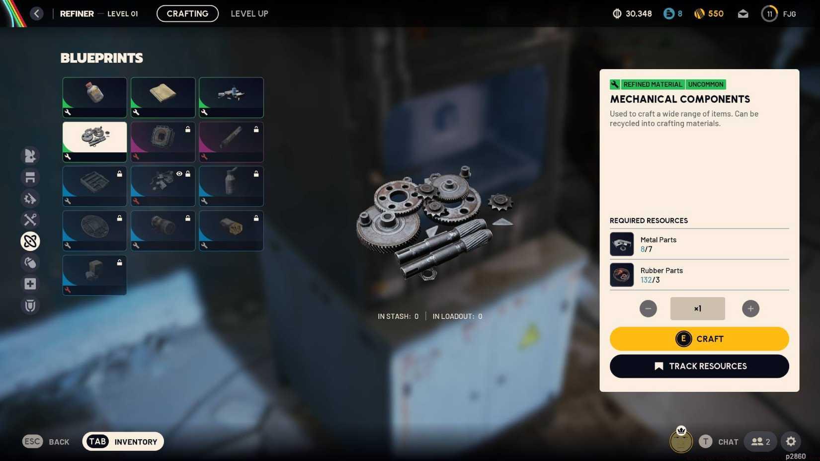 Mechanical components on the crafting screen in Arc Raiders.