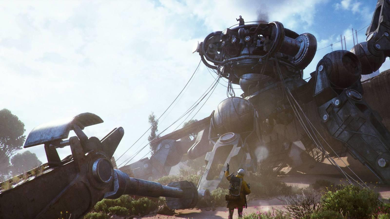 A raider in Arc Raiders looting a Baron Husk while another player waves up at them from the ground.