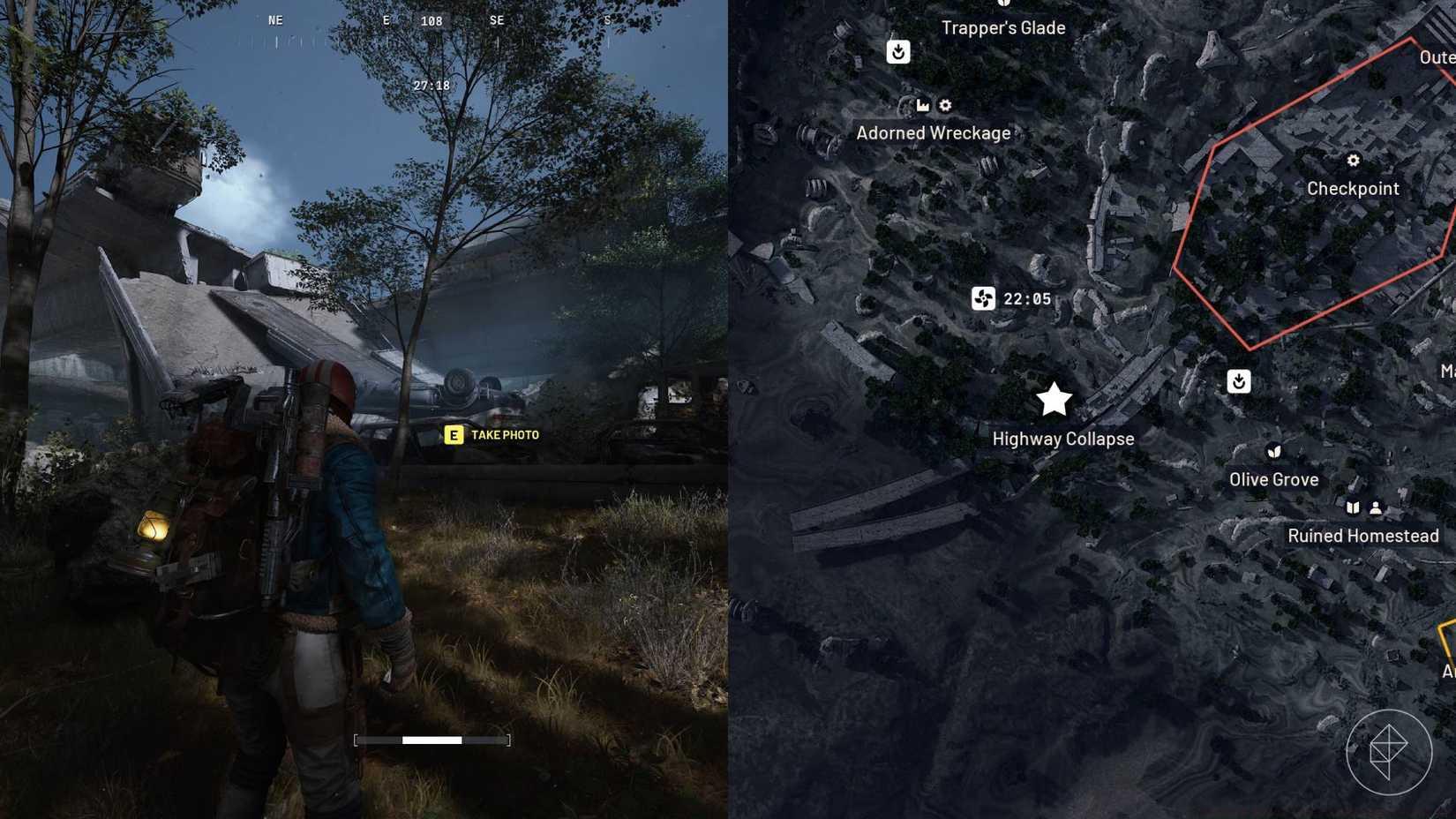 A split image with the left-hand side showing the player character in front of the objective, and the right-hand side showing the map location they must visit in Arc Raiders.
