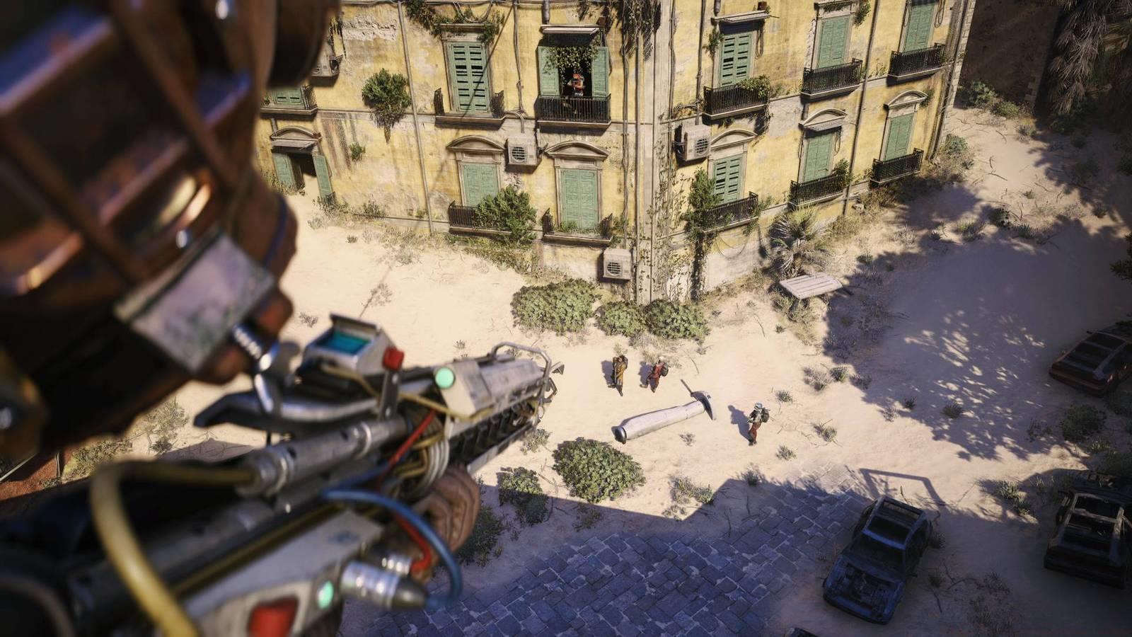 A sniper aiming down the sights at three hostile players in a sandy street in Arc Raiders.