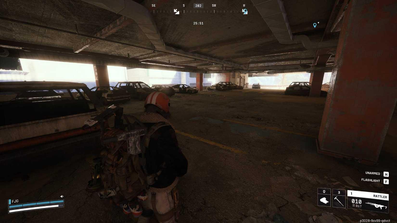 The player in Arc Raiders standing in the Buried City Parking Garage, looking at lots of lootable cars.