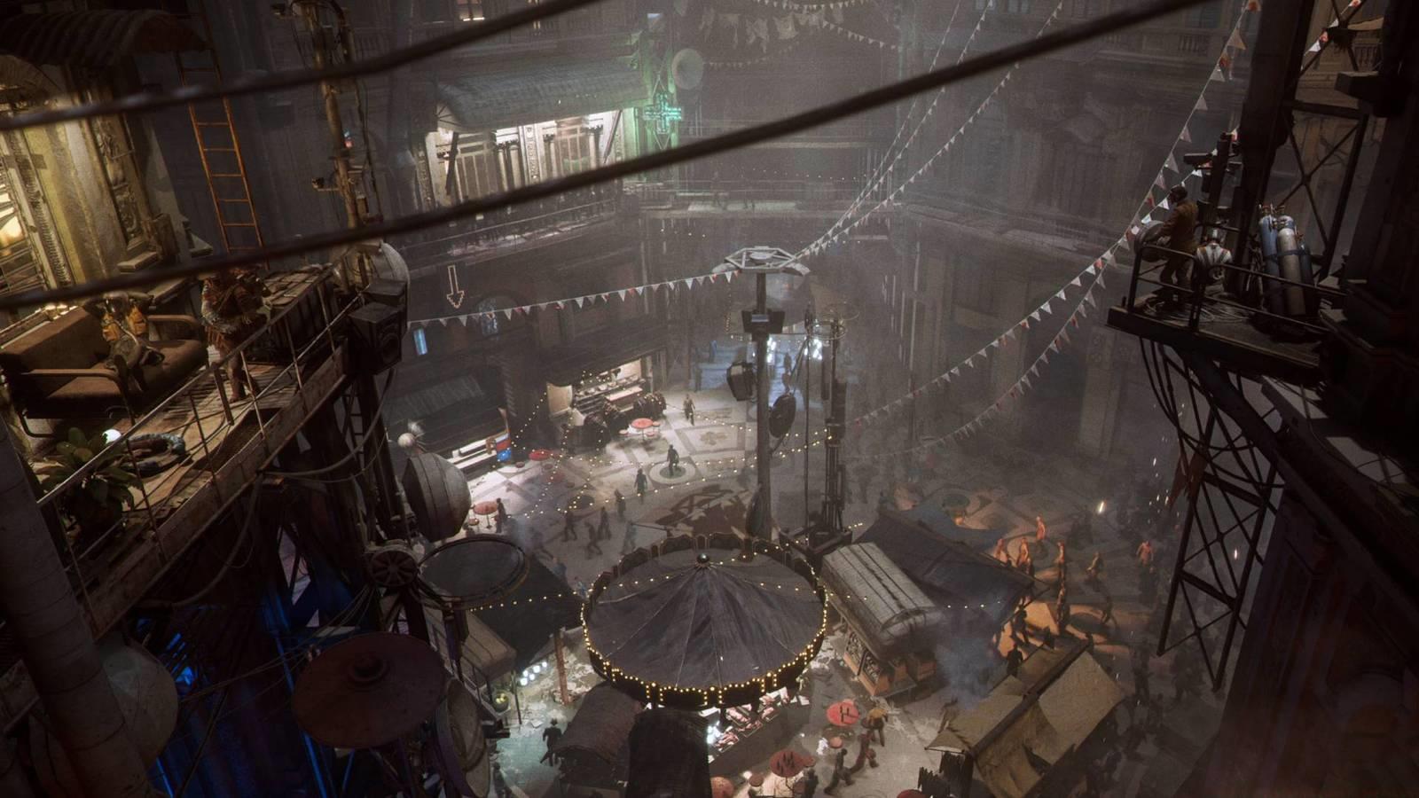Speranza in Arc Raiders, the hub of civilization, with bunting and fairy lights draped above a bustling town square.