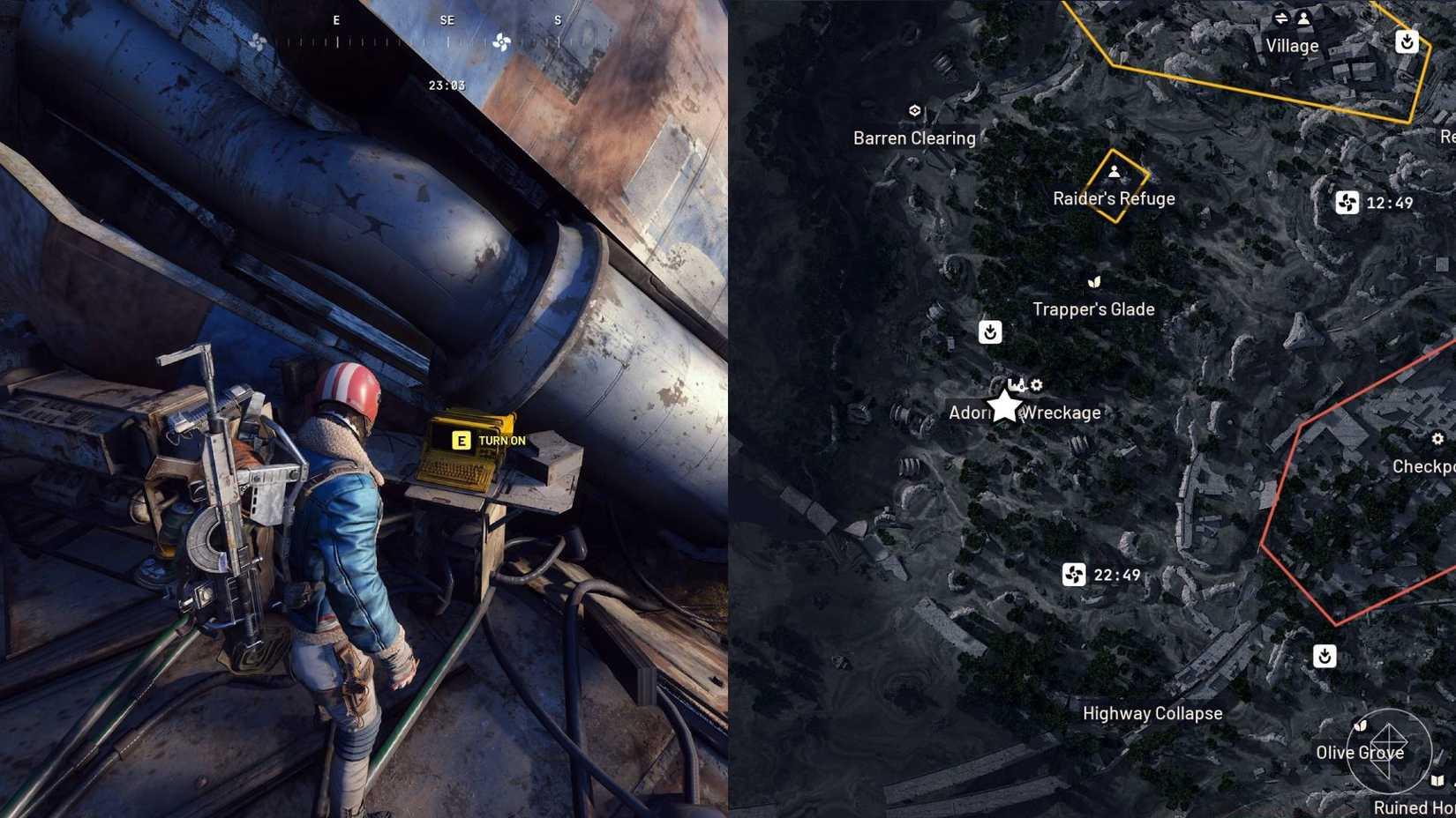 A split image with the left-hand side showing the player in Arc Raiders standing in front of the objective, and the right-hand side showing the location marked on the in-game map with a star.