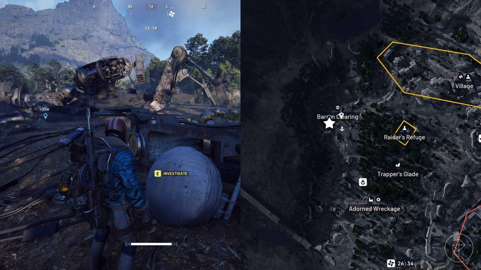 A split image with the left-hand side showing the player in Arc Raiders standing in front of the objective, and the right-hand side showing the location marked on the in-game map with a star.