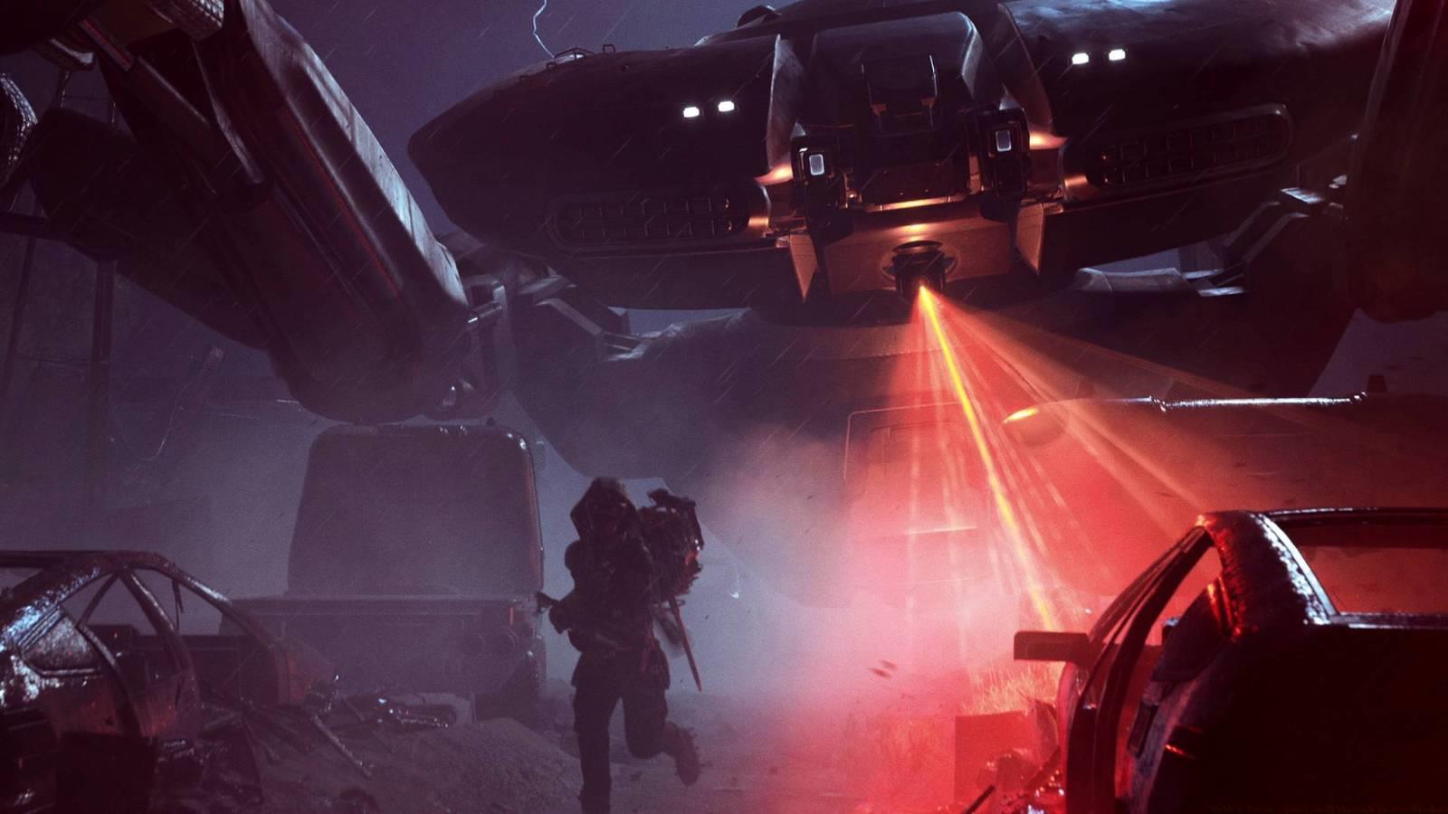 A raider in Arc Raiders fleeing from a Queen, as the red search beam hunts for them in the dark.