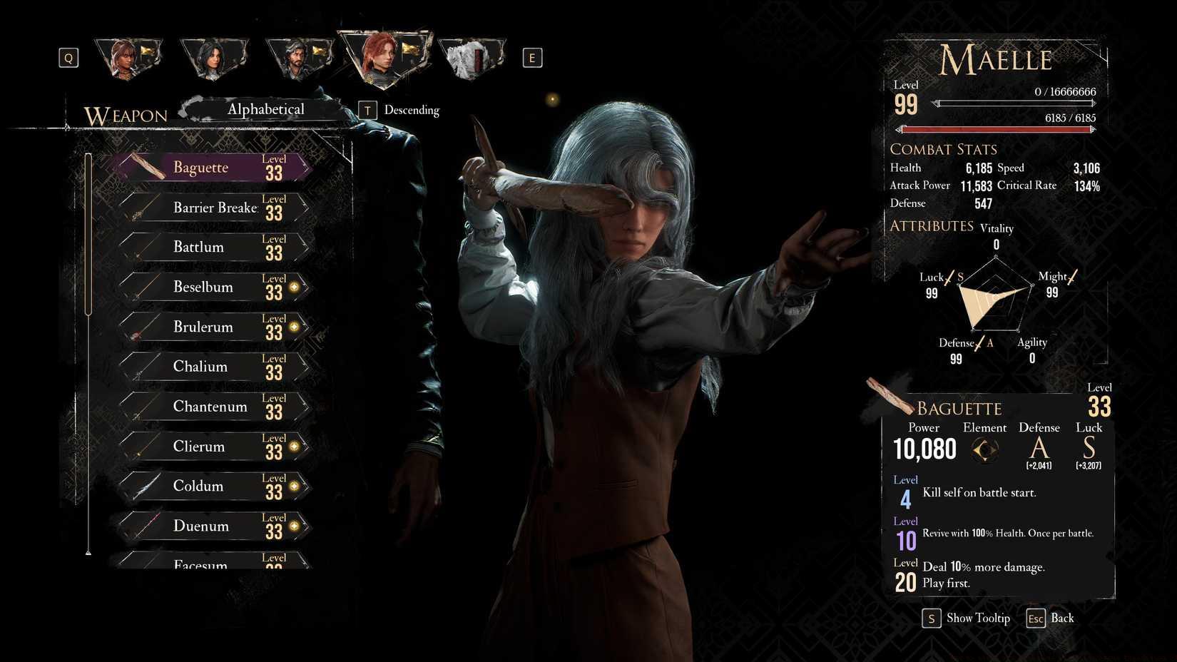 A screenshot of the weapon equip menu in Clair Obscur: Expedition 33