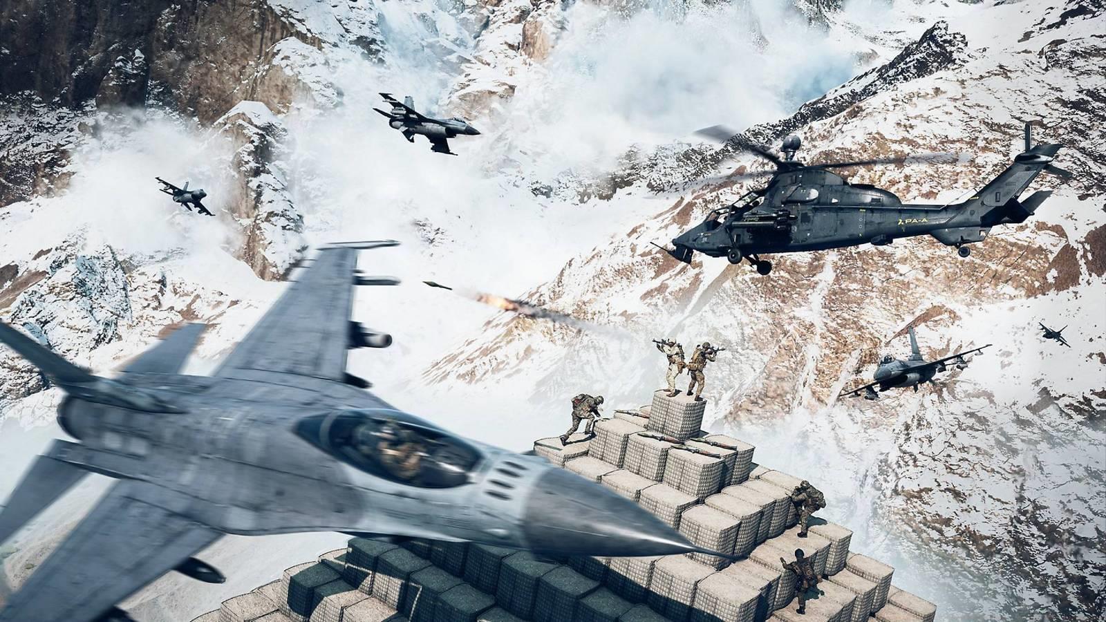 Four jets and a helicopter flying past snowy terrain while soldiers duke it out atop a tower of sandbags.