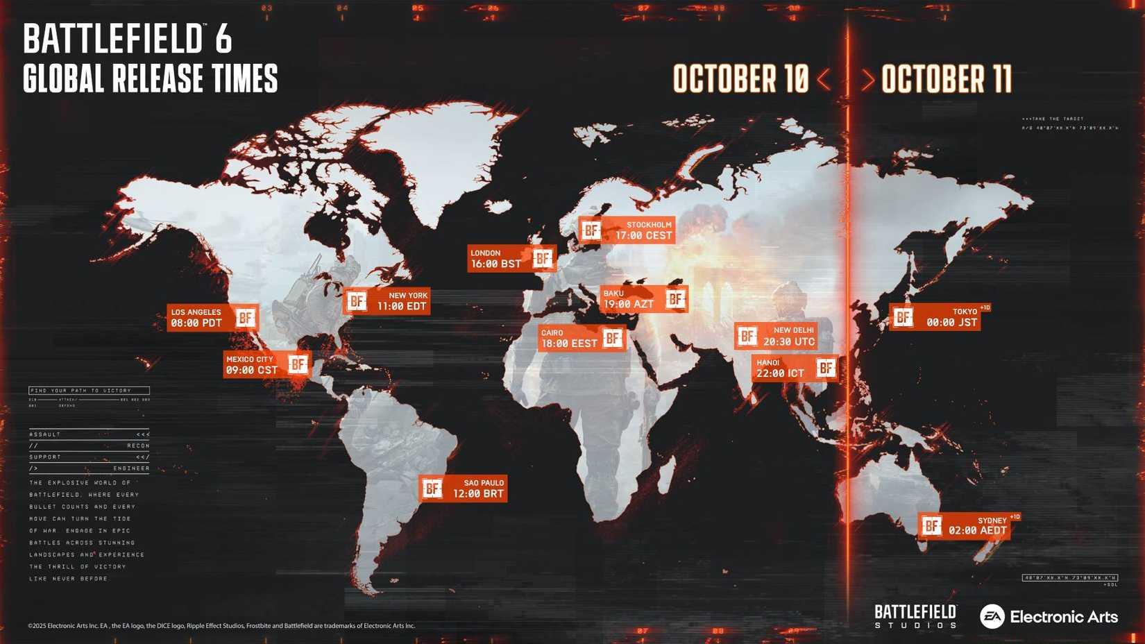 A graphic of the world showing all the times Battlefield 6 releases in different time zones.
