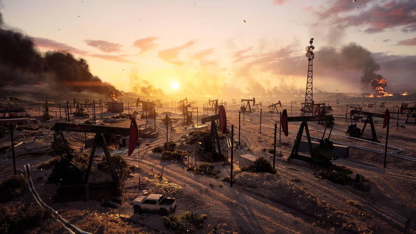 A panoramic shot of the new Blackwell Fields map coming to Battlefield 6 in season 1, with the sun setting and machinery in the foreground.