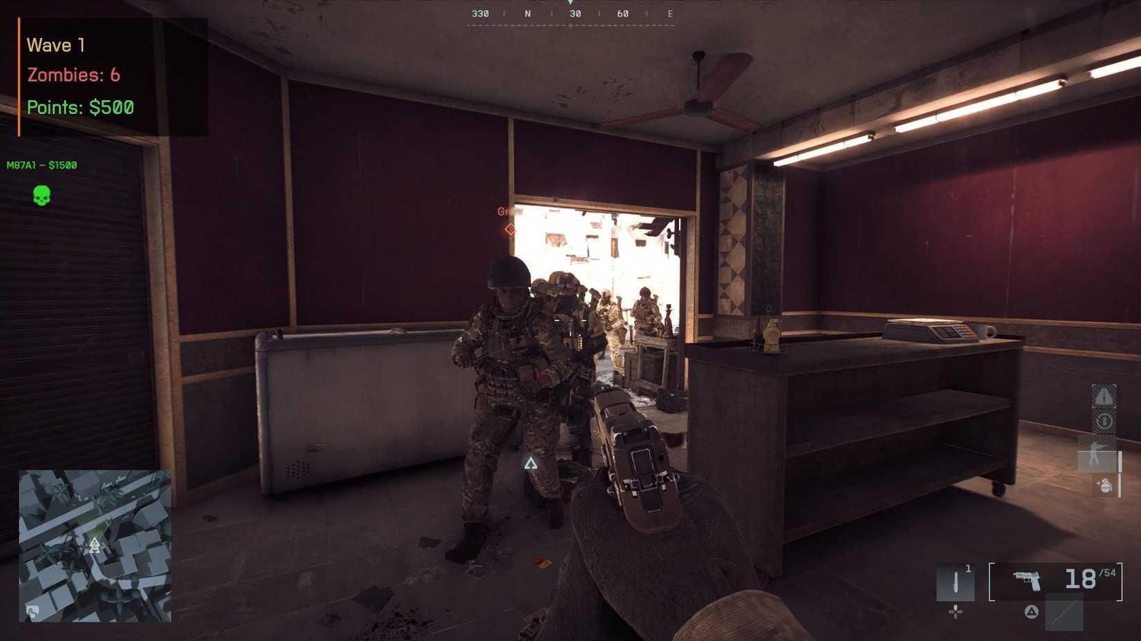 The player aiming a pistol at a bunch of zombie-like AI soldiers in a shop in Battlefield 6.