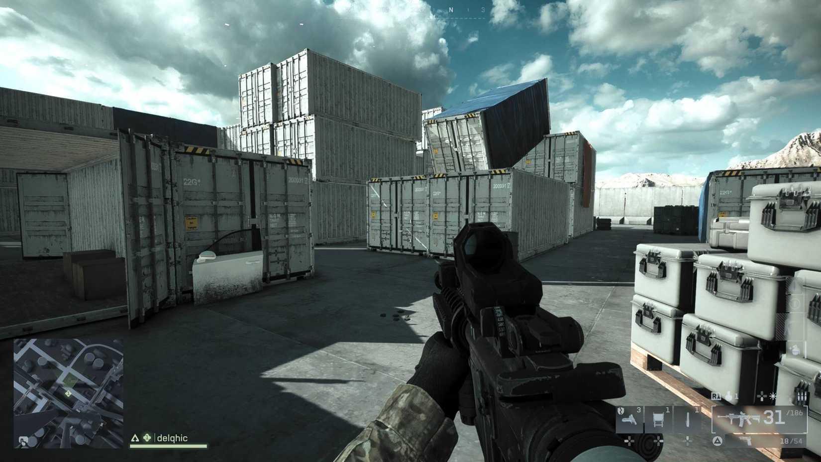 The player wielding an assault rifle, standing in a Battlefield 6 recreation of the Shipment map from Call of Duty.