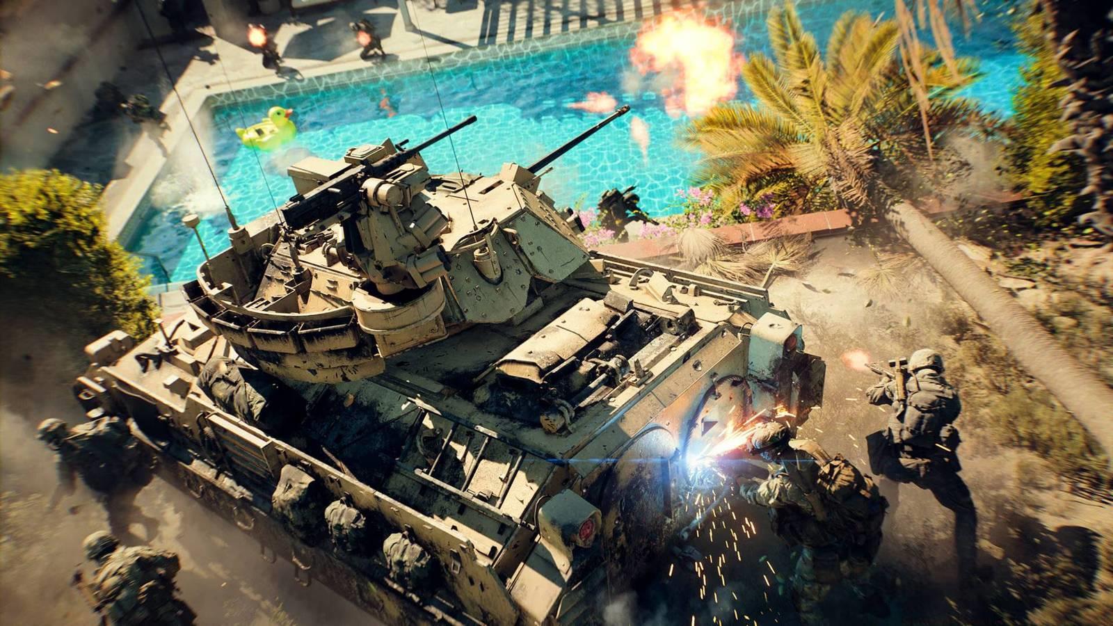 A tank next to a swimming pool, firing its cannon while soldiers around it shoot their guns and use a blowtorch to fix the tank.