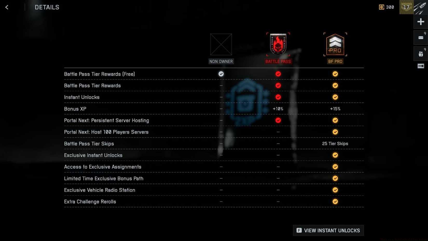 A table in Battlefield 6 comparing the free battle pass with the premium and BF Pro versions.