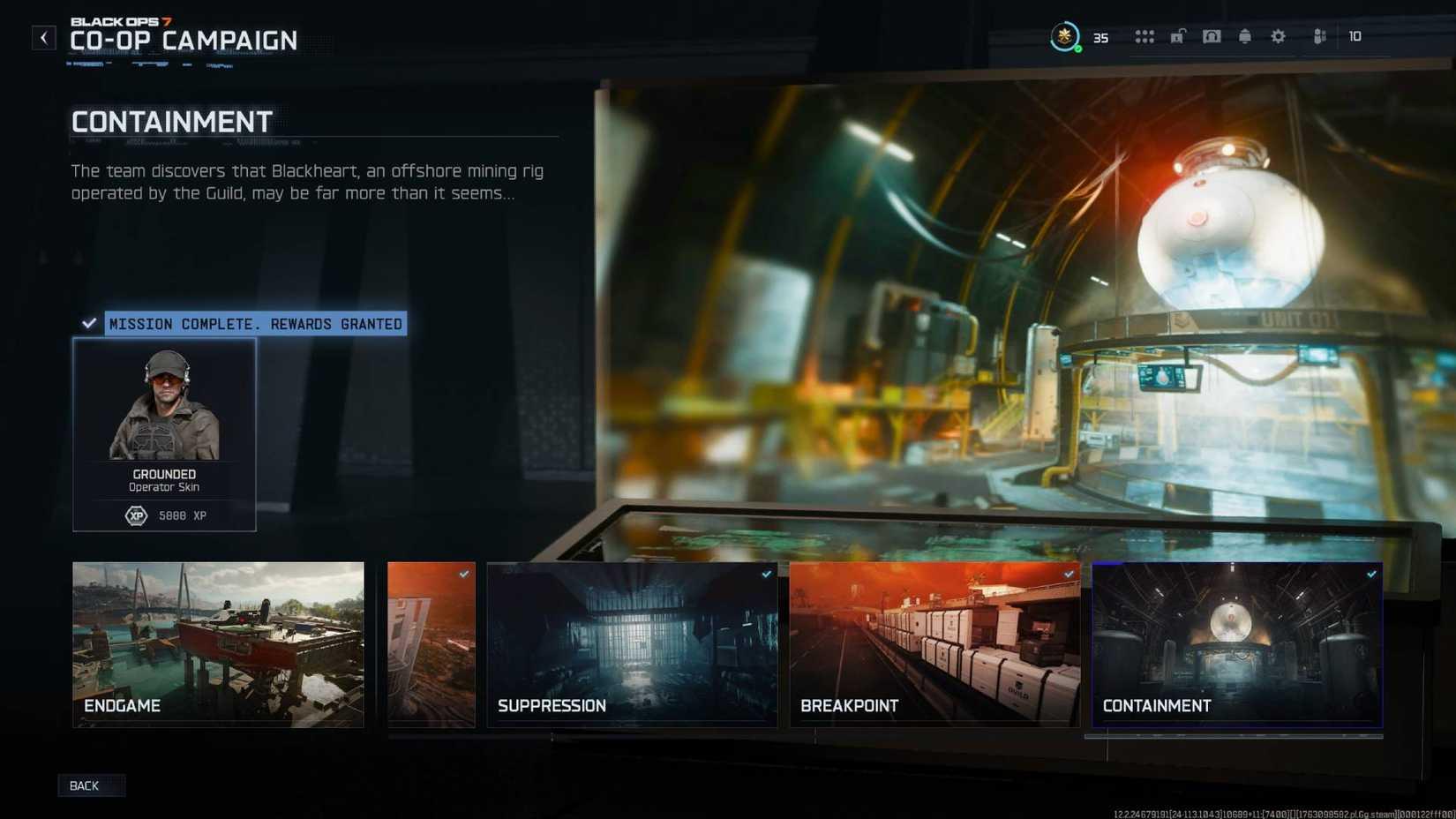 The 'Containment' mission selected in the Black Ops 7 campaign.