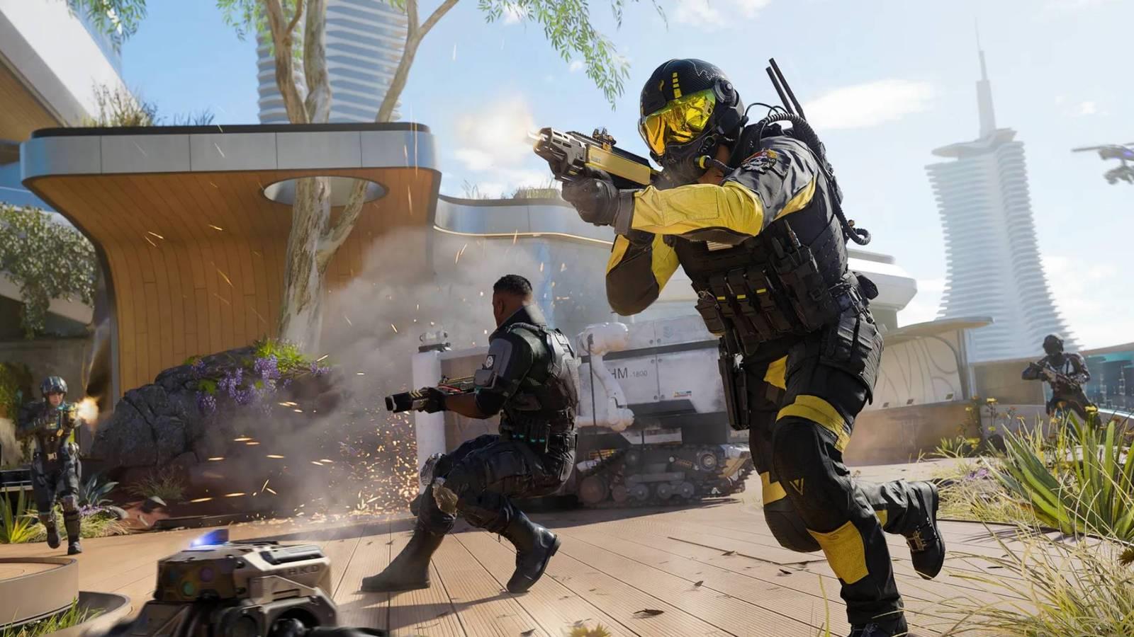 A soldier in Black Ops 7 wearing yellow and black running and shooting while another soldier in the background is being shot at.